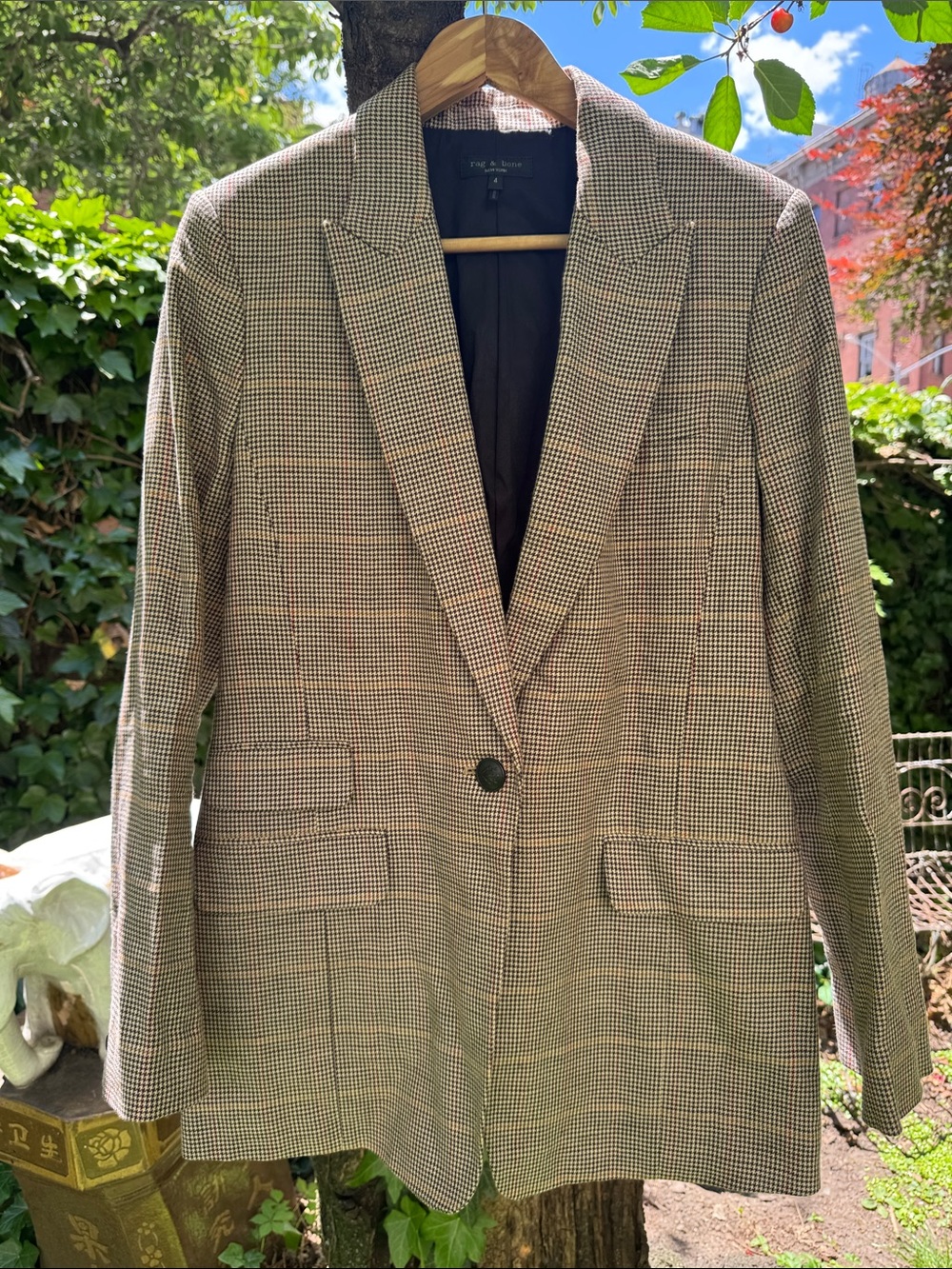 Rag and Bone Brown& Cream with red line Houndstooth Single-Button Fitted  Blazer